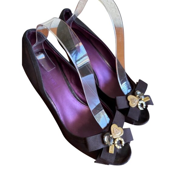 Coach Shoes - Coach Poppy Jaden Metallic Jewled, Satin bow, charms Wedge Peep Toe Shoes Womens
